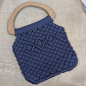 Vintage Handmade Macrame Purse, Navy Blue with Wooden Handle